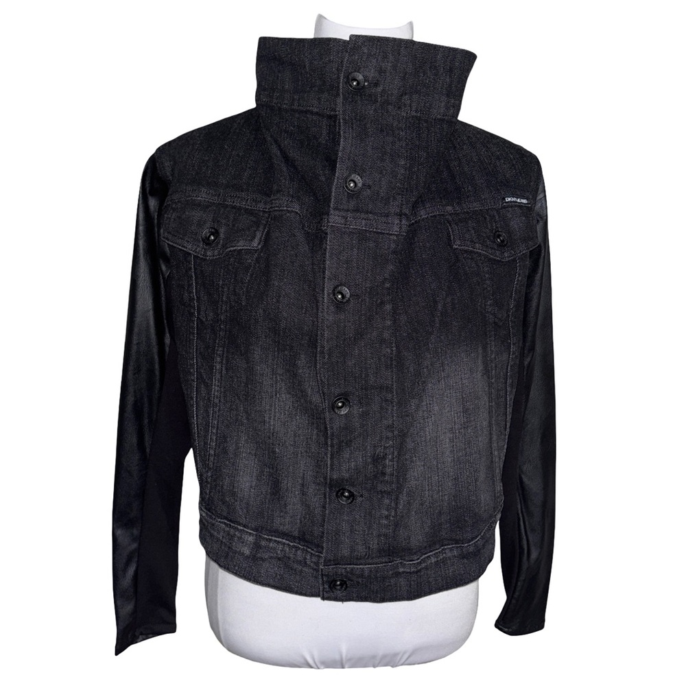 DKNY Black Jean Jacket Faux Leather Sleeves High Collar